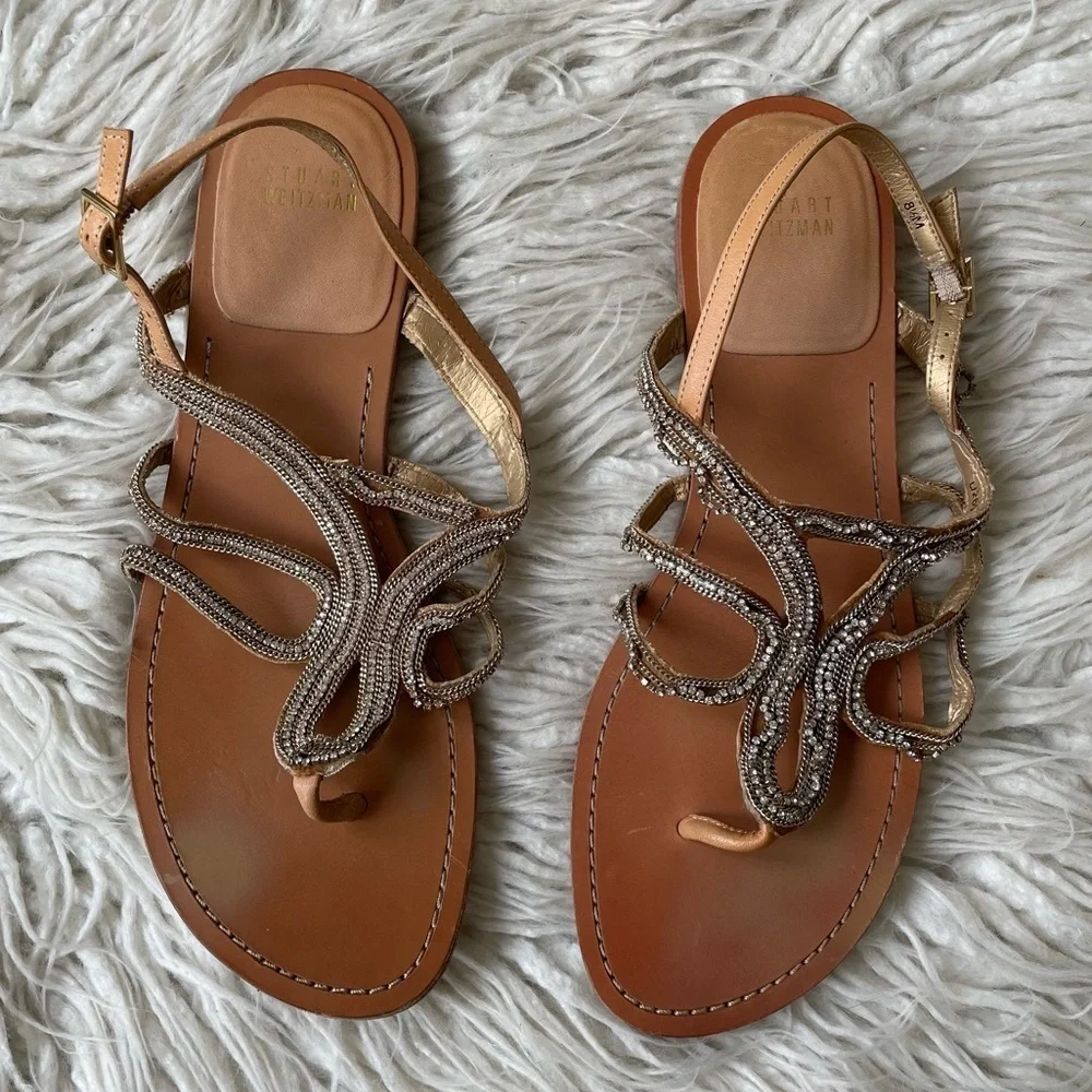 Stuart Weitzman Gold Thongshow Chain Crystals Embellished Flat Sandals Size 8.5